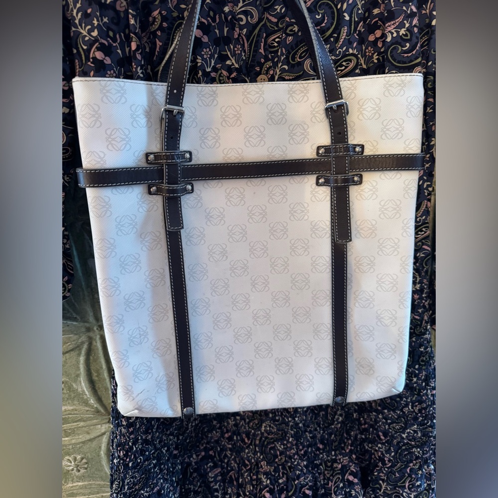 Loewe White and Dark Brown Anagram Canvas Tote